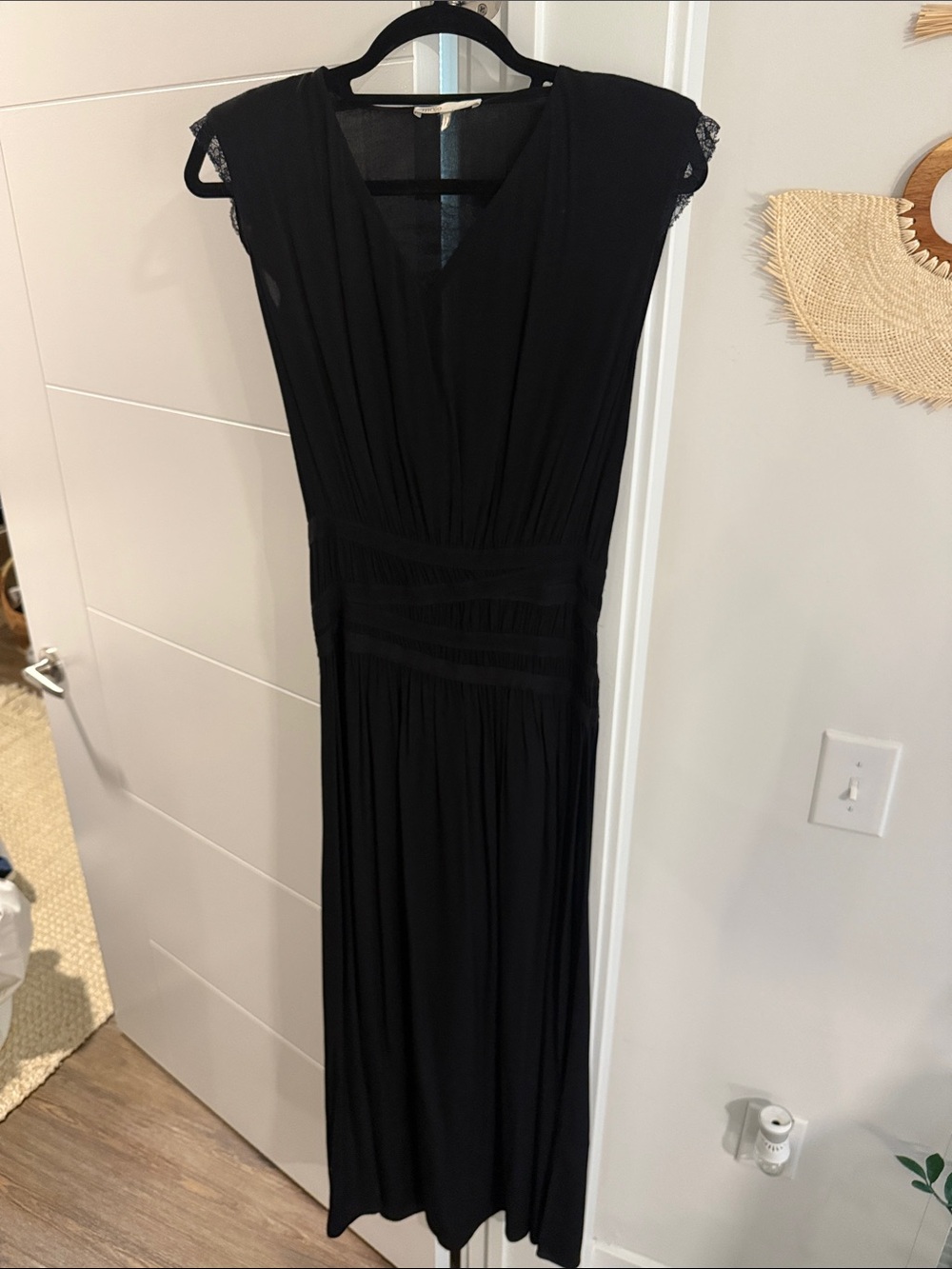 Maje Black V-Neck Maxi Dress with Lace Cap Details